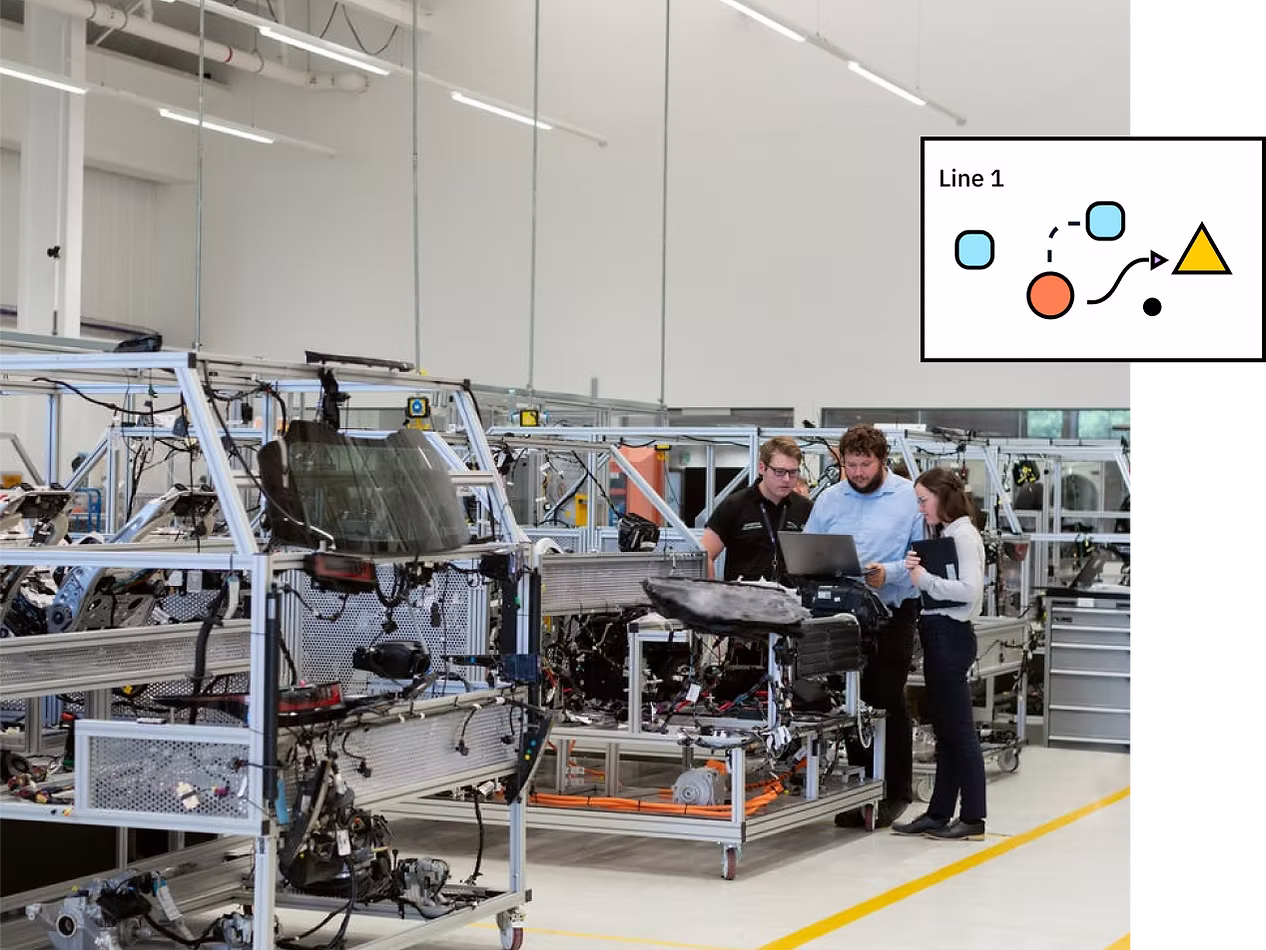 Engineers reviewing activity on the factory floor near robotic arms